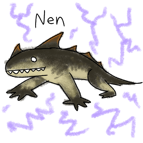 a scribbled drawing of a juvenile river drake surrounded by purple lightning. next to him is his name, 'nen'
